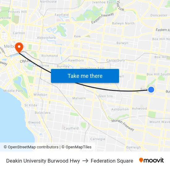 Deakin University Burwood Hwy to Federation Square map