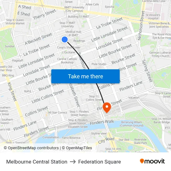 Melbourne Central Station to Federation Square map