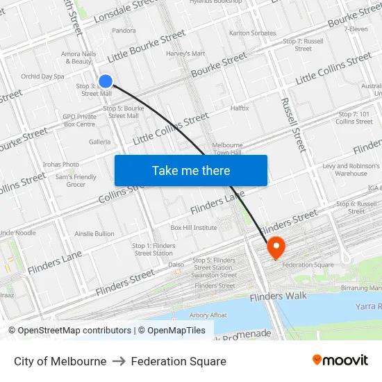 City of Melbourne to Federation Square map