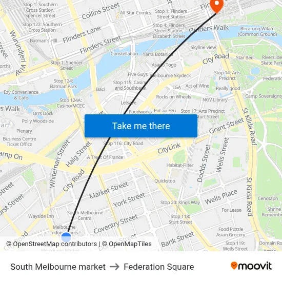 South Melbourne market to Federation Square map