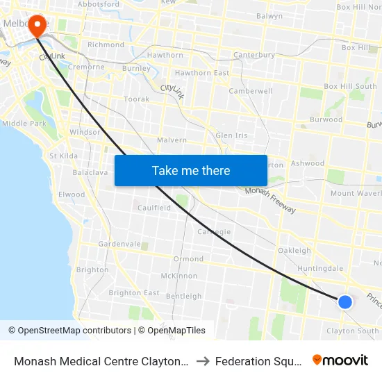 Monash Medical Centre Clayton Rd to Federation Square map