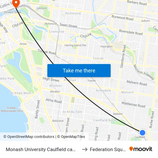 Monash University Caulfield campus to Federation Square map