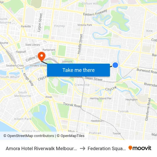 Amora Hotel Riverwalk Melbourne to Federation Square map
