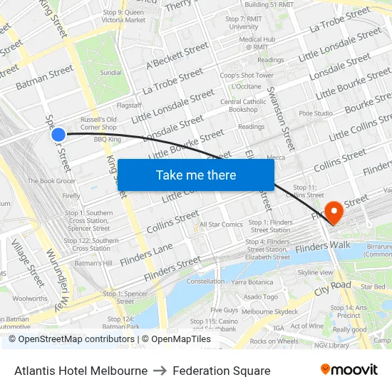 Atlantis Hotel Melbourne to Federation Square map