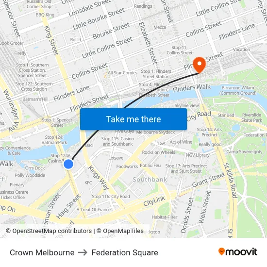Crown Melbourne to Federation Square map