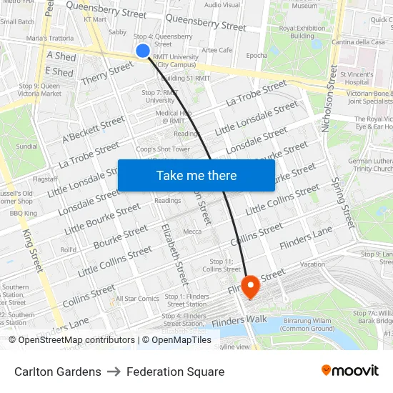Carlton Gardens to Federation Square map