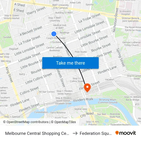 Melbourne Central Shopping Centre to Federation Square map