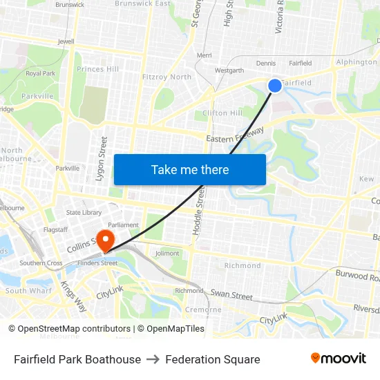 Fairfield Park Boathouse to Federation Square map