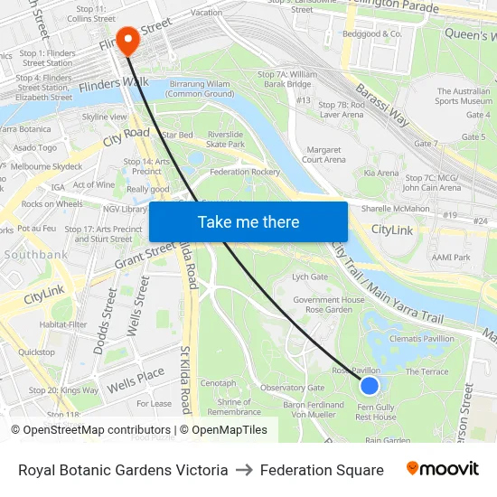 Royal Botanic Gardens Victoria to Federation Square map