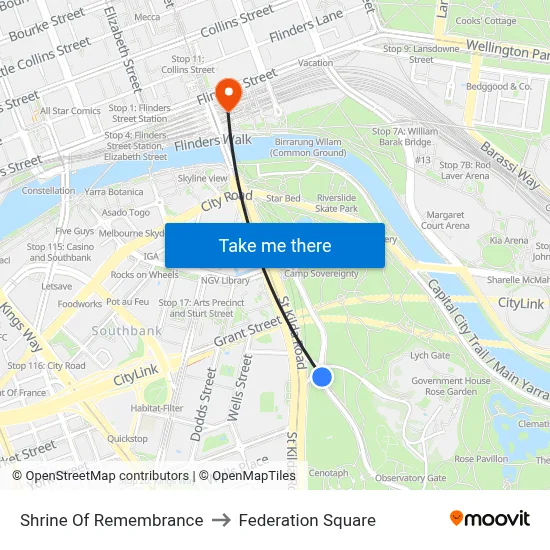 Shrine Of Remembrance to Federation Square map