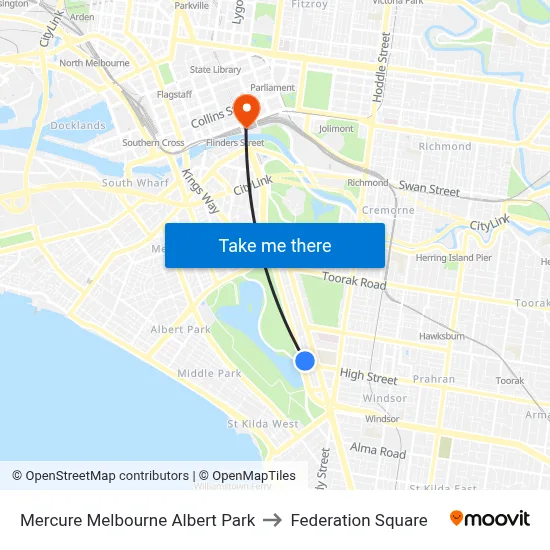Mercure Melbourne Albert Park to Federation Square map