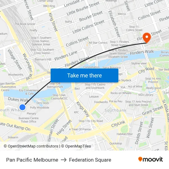 Pan Pacific Melbourne to Federation Square map