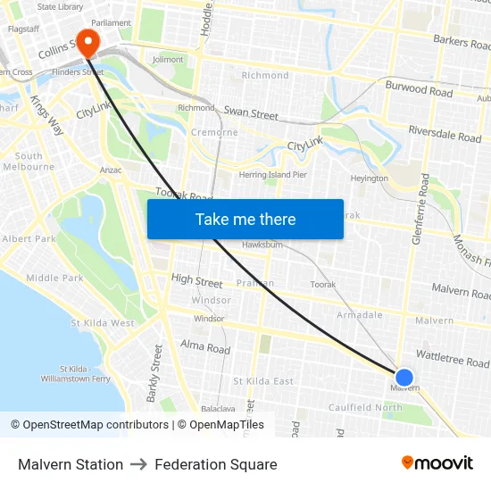 Malvern Station to Federation Square map