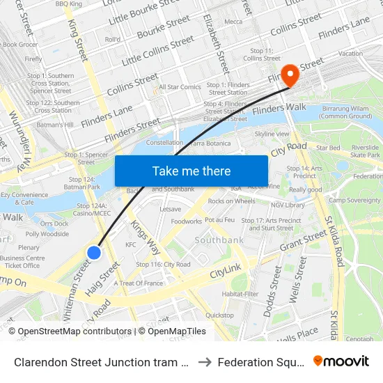 Clarendon Street Junction tram stop to Federation Square map