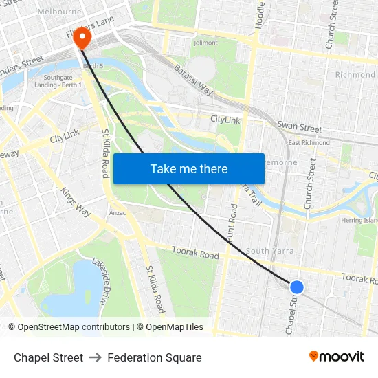 Chapel Street to Federation Square map