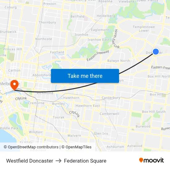 Westfield Doncaster to Federation Square map
