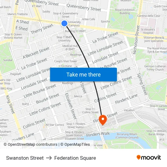 Swanston Street to Federation Square map