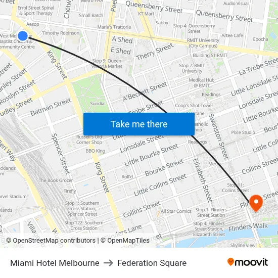 Miami Hotel Melbourne to Federation Square map