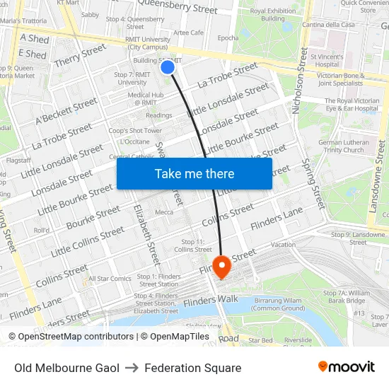 Old Melbourne Gaol to Federation Square map
