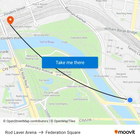 Rod Laver Arena to Federation Square map