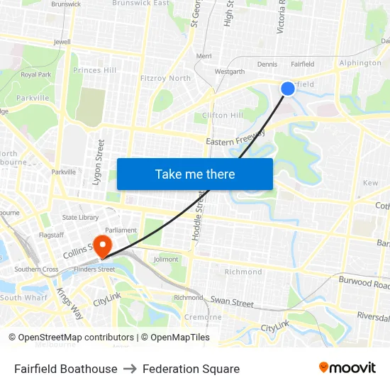 Fairfield Boathouse to Federation Square map