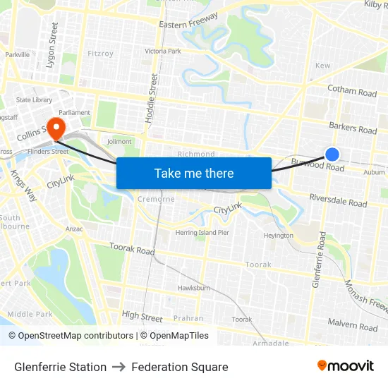 Glenferrie Station to Federation Square map