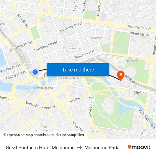 Great Southern Hotel Melbourne to Melbourne Park map