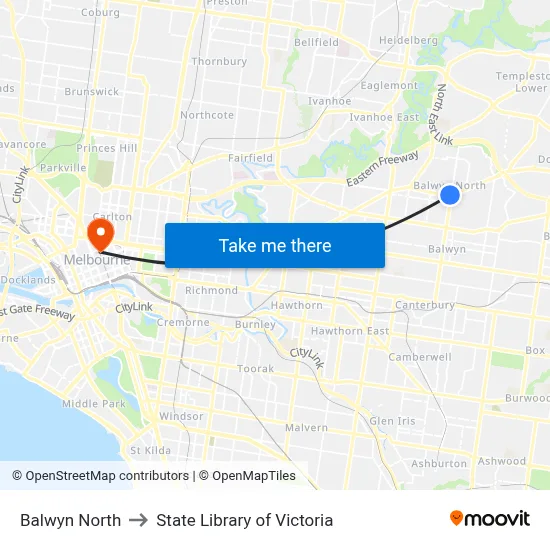 Balwyn North to State Library of Victoria map