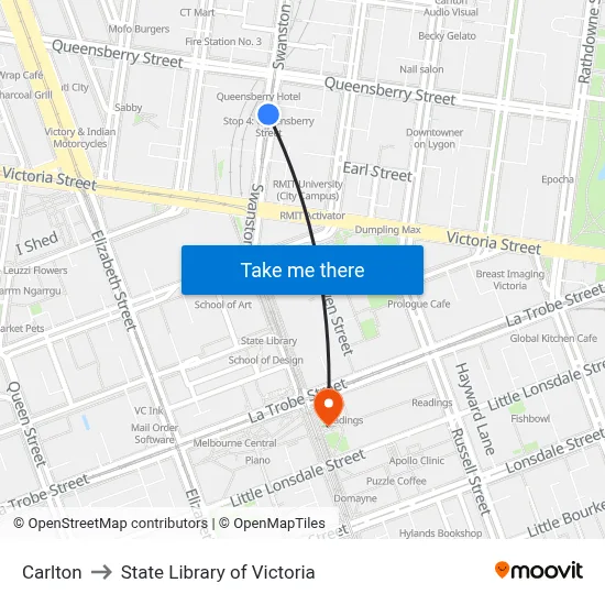 Carlton to State Library of Victoria map