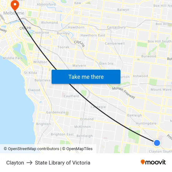 Clayton to State Library of Victoria map