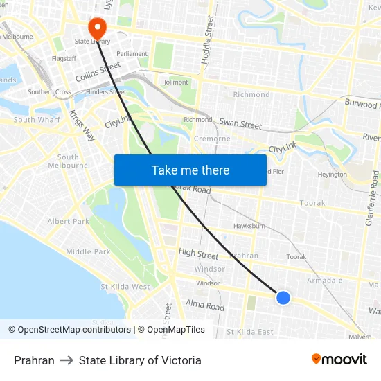 Prahran to State Library of Victoria map