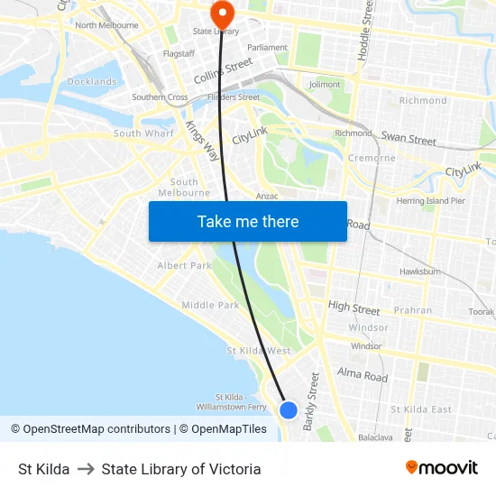 St Kilda to State Library of Victoria map