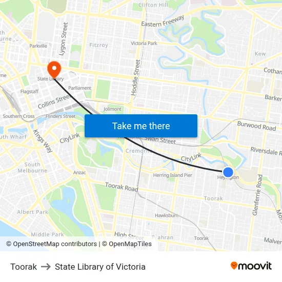 Toorak to State Library of Victoria map