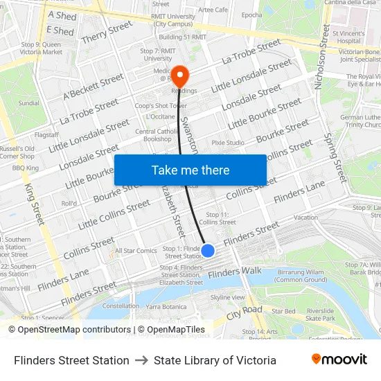 Flinders Street Station to State Library of Victoria map