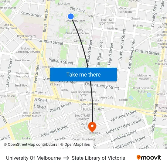 University Of Melbourne to State Library of Victoria map