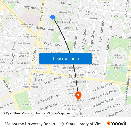 Melbourne University Bookshop to State Library of Victoria map