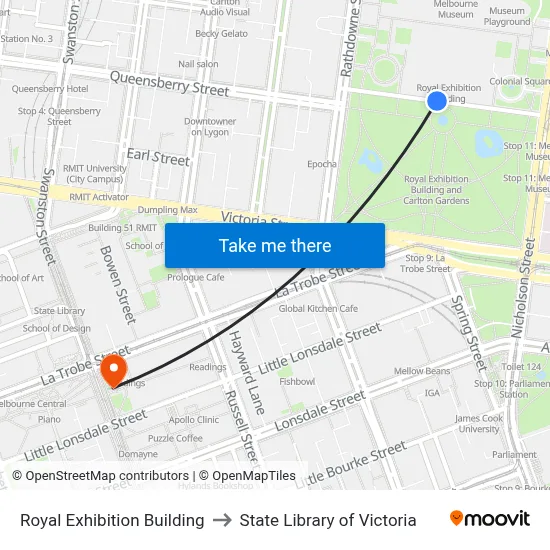 Royal Exhibition Building to State Library of Victoria map