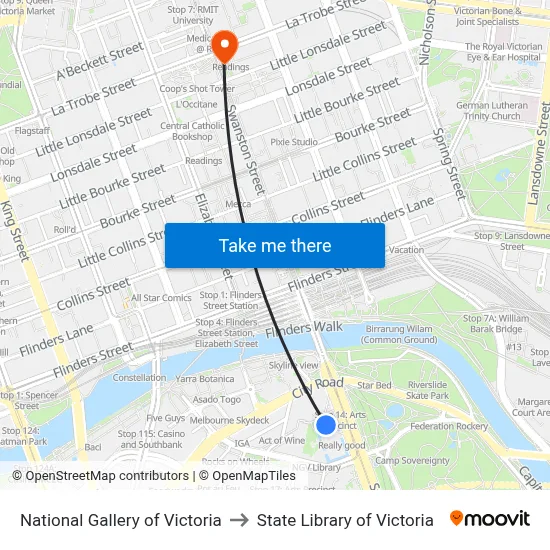 National Gallery of Victoria to State Library of Victoria map