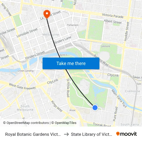 Royal Botanic Gardens Victoria to State Library of Victoria map