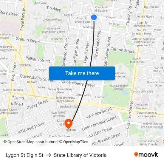 Lygon St Elgin St to State Library of Victoria map