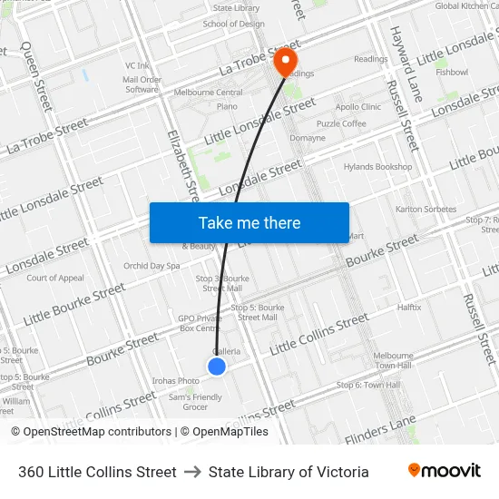 360 Little Collins Street to State Library of Victoria map