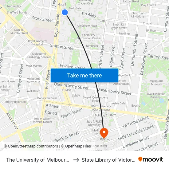 The University of Melbourne to State Library of Victoria map