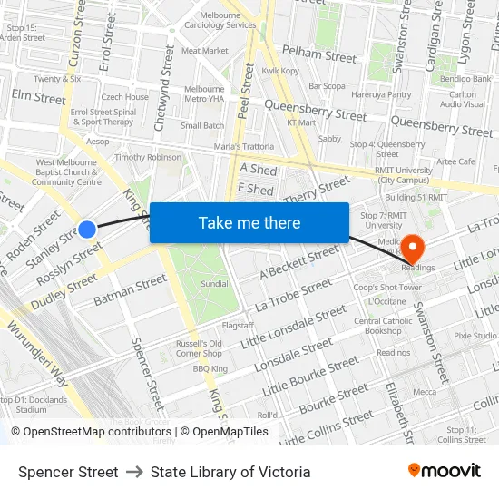 Spencer Street to State Library of Victoria map