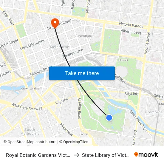 Royal Botanic Gardens Victoria to State Library of Victoria map