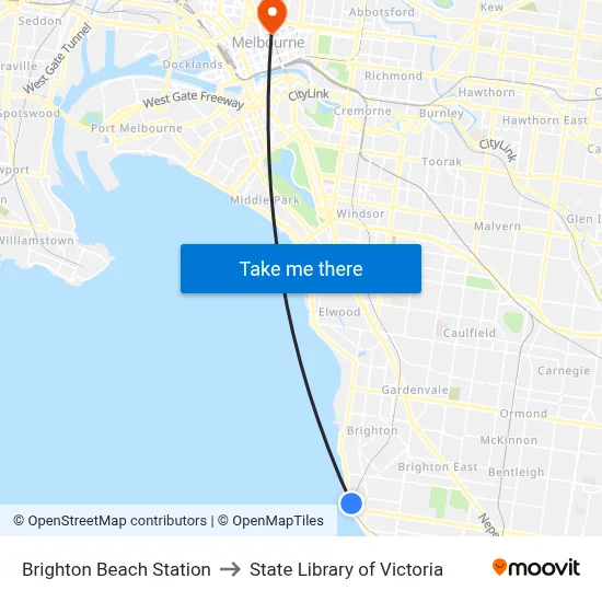Brighton Beach Station to State Library of Victoria map
