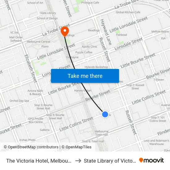 The Victoria Hotel, Melbourne to State Library of Victoria map