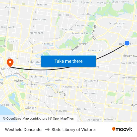 Westfield Doncaster to State Library of Victoria map