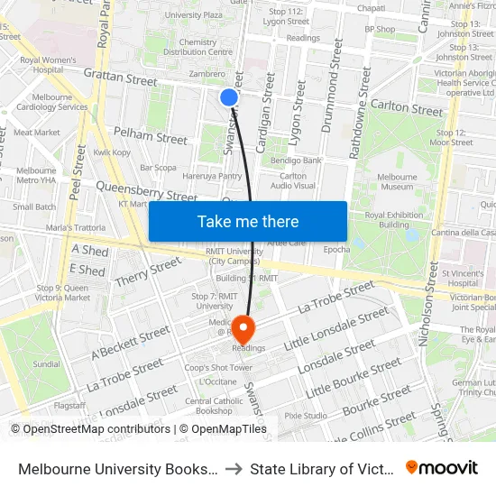 Melbourne University Bookshop to State Library of Victoria map