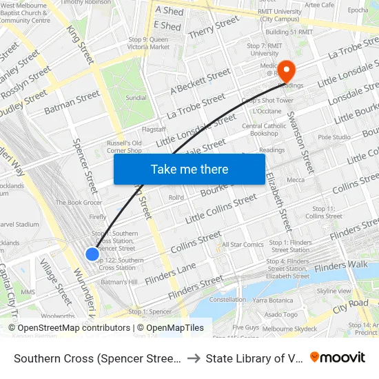 Southern Cross (Spencer Street) Station to State Library of Victoria map