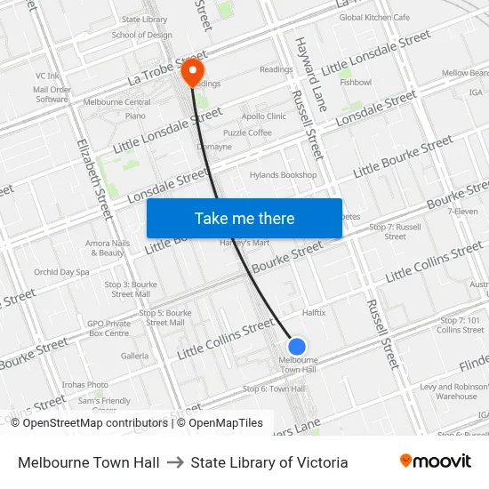 Melbourne Town Hall to State Library of Victoria map